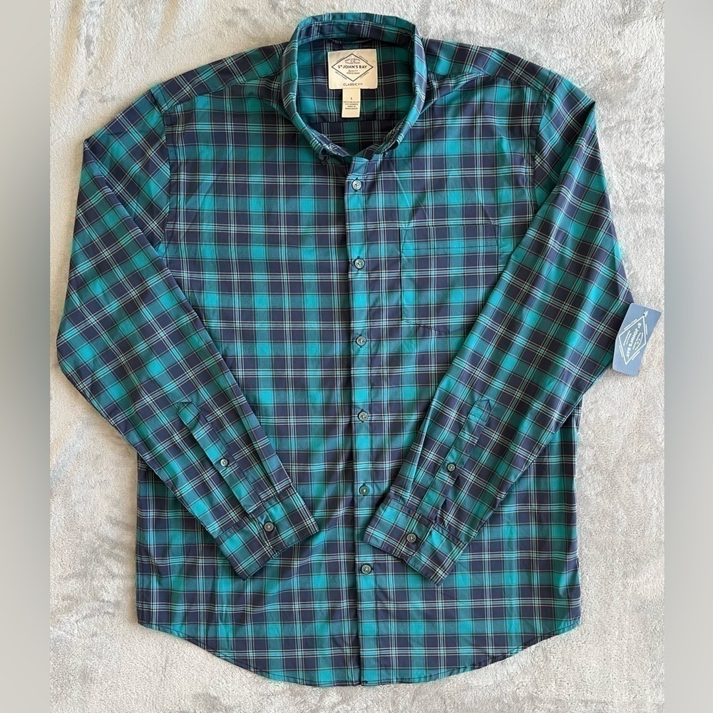 St Johns Bay Green Plaid Flannel Button Down Shirt Large